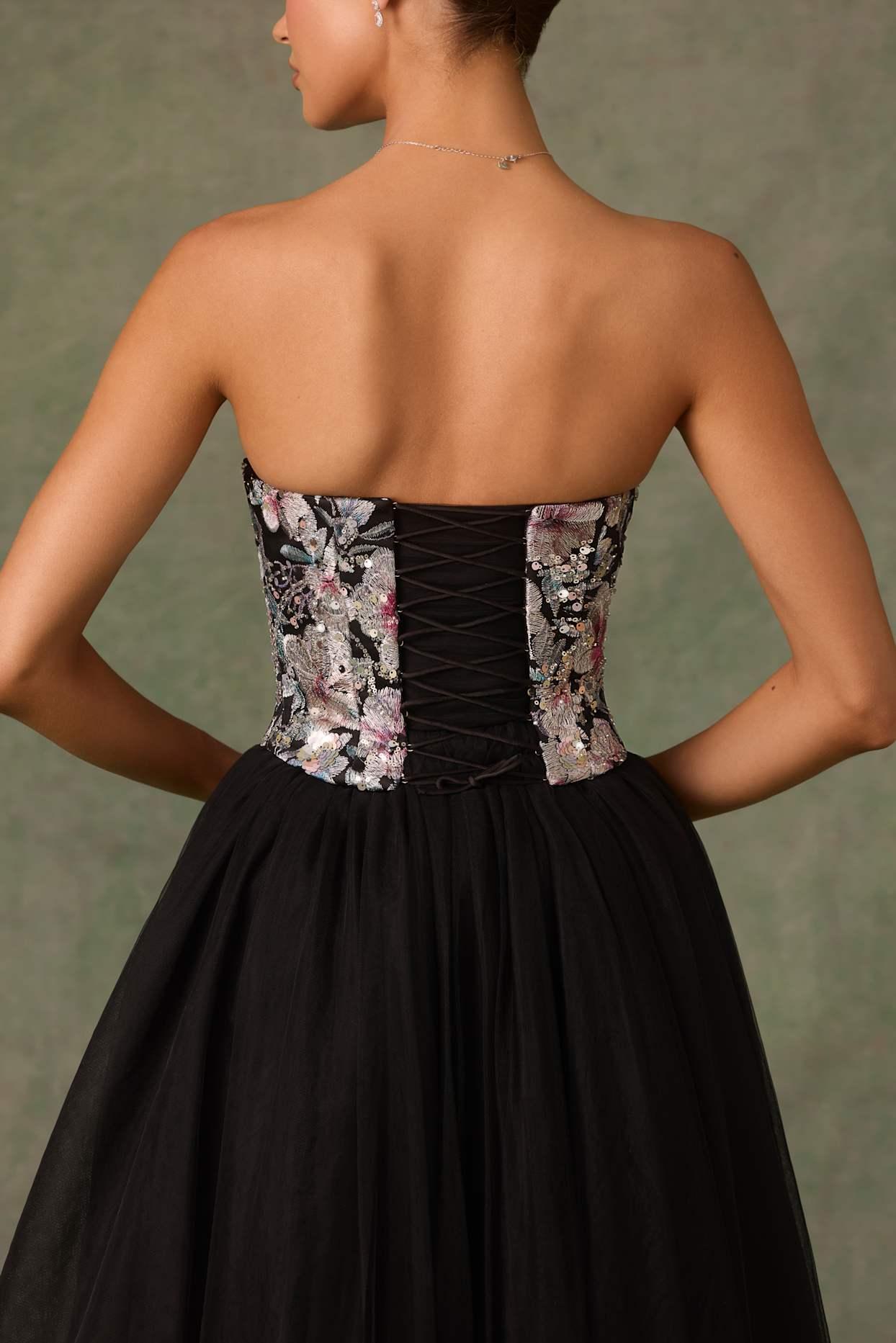 Embellished Lace-Up Cupless Corset in Floral Black Product Image