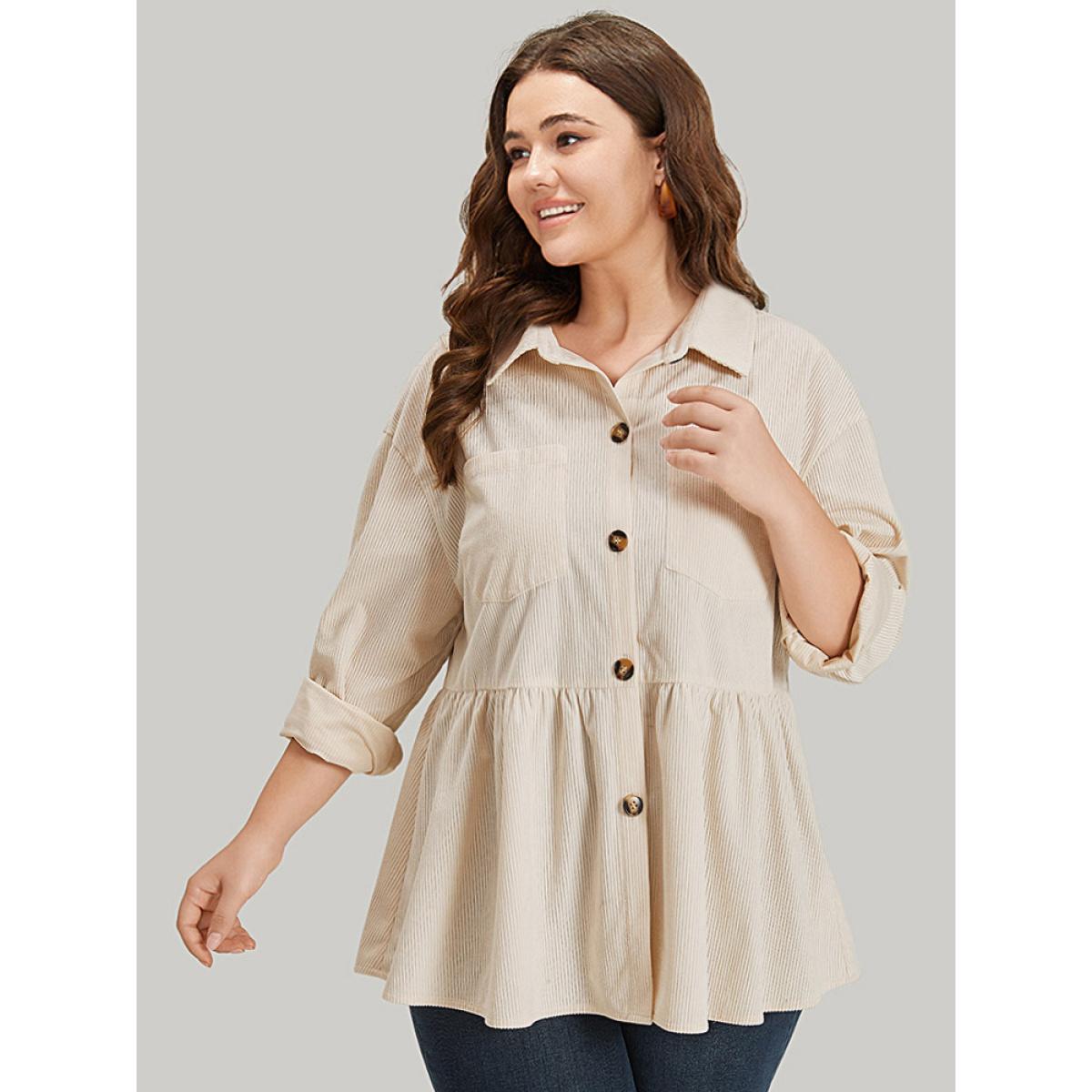 Plus Size Plain Shirt Collar Button Through Ruffle Hem Pocket Coat Women Beige Button Pocket Dailywear Jackets BloomChic 28/5X Product Image
