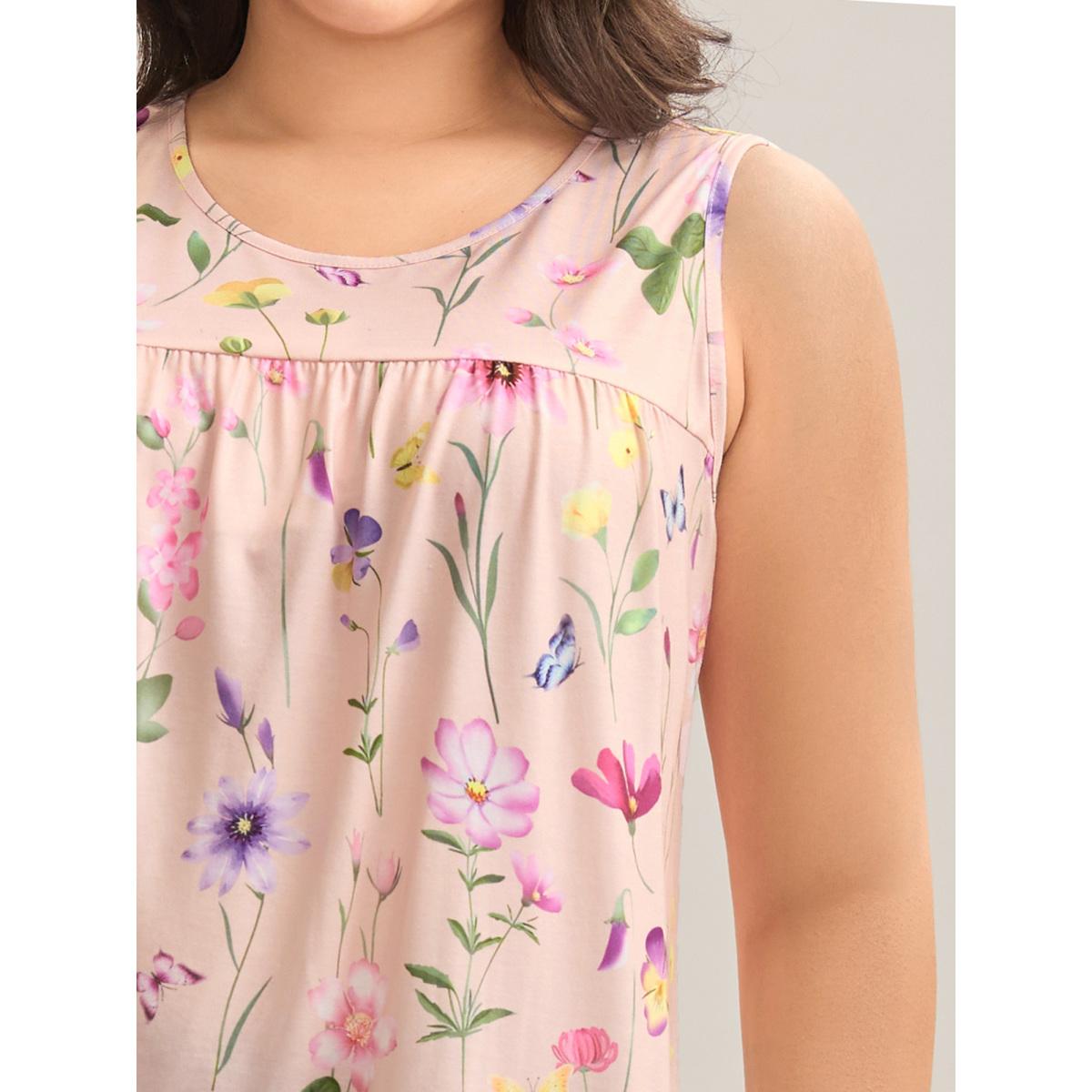 Plus Size Floral Print Flowy Pleated Tank Top Women Multicolor Leisure Gathered Round Neck Casual Tank Tops Camis BloomChic 12/L Product Image