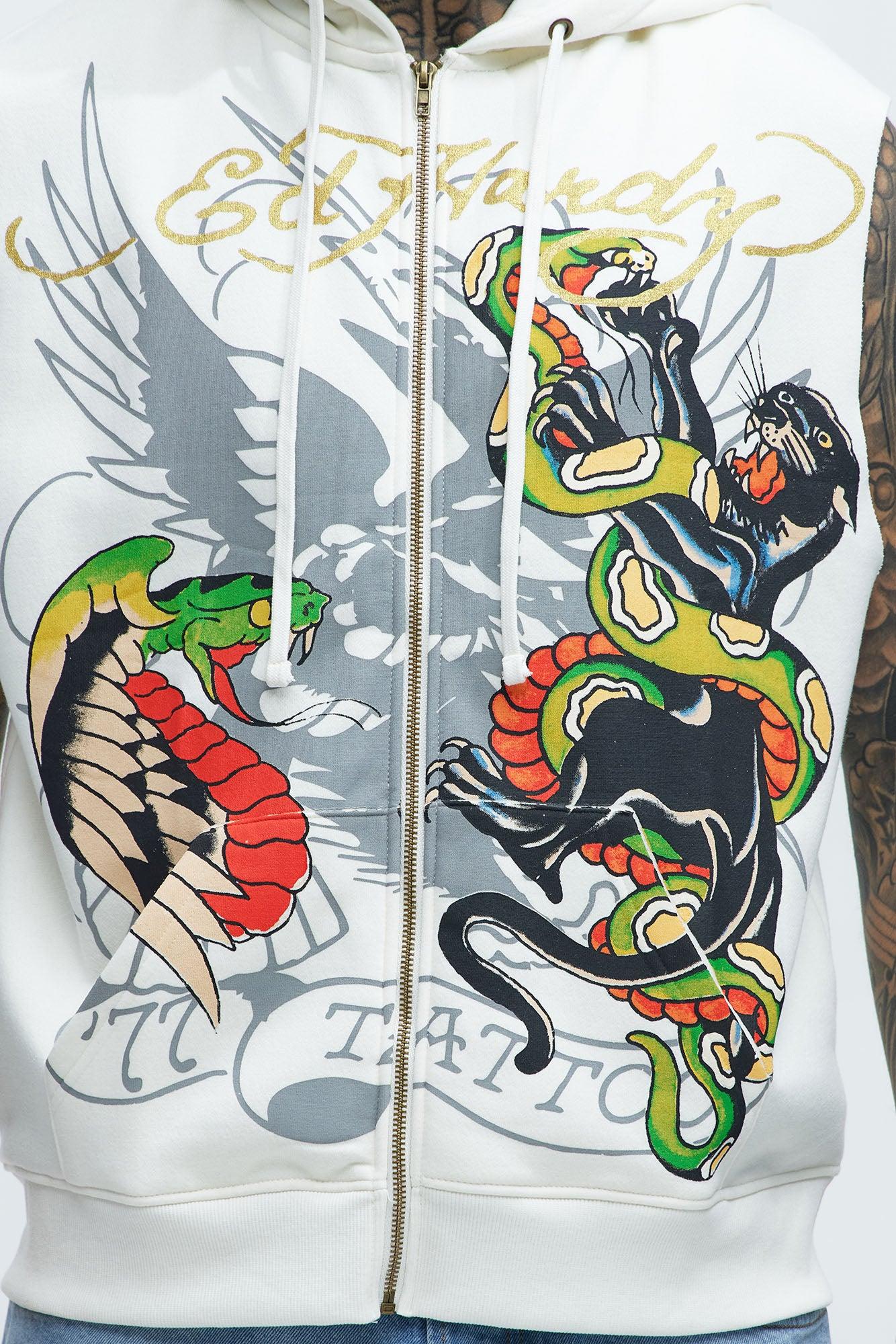 Ed Hardy Panther Snake Sleeveless Zip Up Hoodie - Ivory Product Image