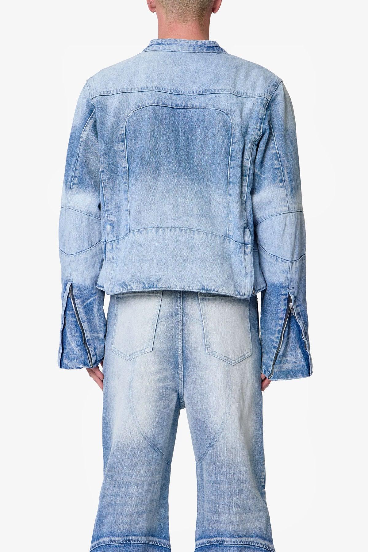 Paneled Moto Denim Jacket - Washed Blue Product Image