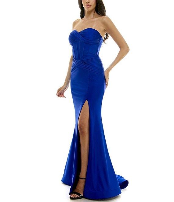 B. Darlin Shiny Knit Strapless Sweetheart Neck Pleated Front Slit Dress Product Image