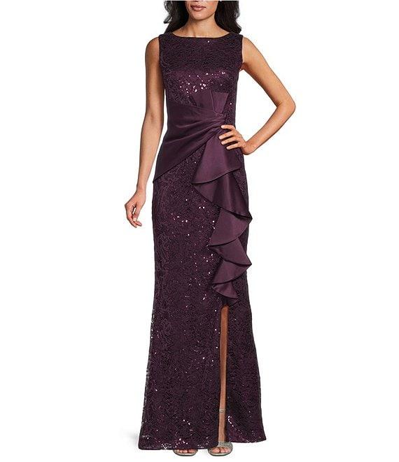 Eliza J Sequin Lace Boat Neck Sleeveless Ruffle Front Slit Gown Product Image
