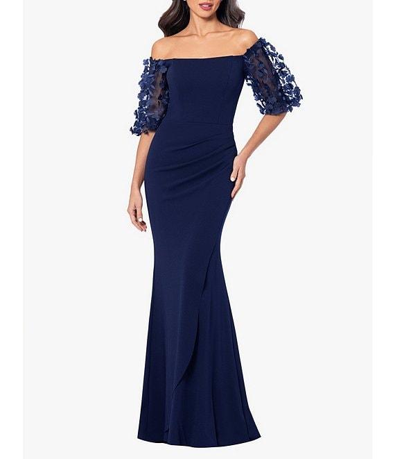 Xscape 3D Flower Applique Off-the-Shoulder Short Puffed Sleeve Scuba Crepe Sheath Gown Product Image