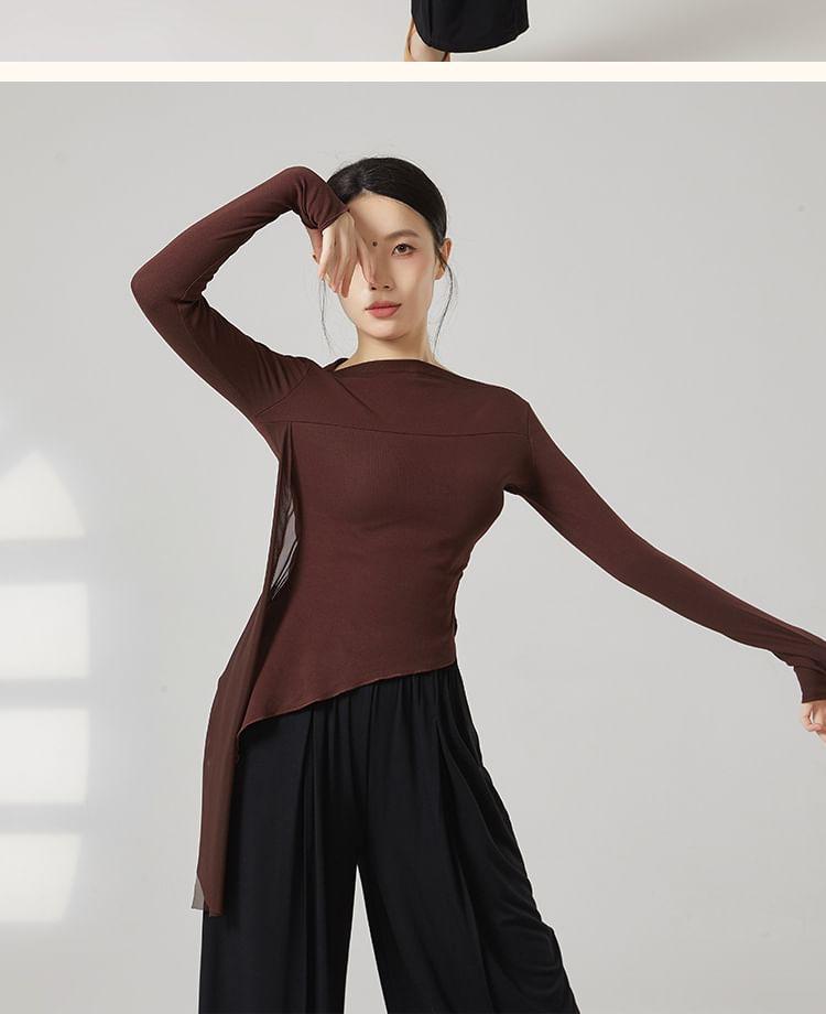 Long-Sleeve Boat Neck Plain Thumbhole Asymmetrical Dance Top / Elbow-Sleeve Dance Top Product Image