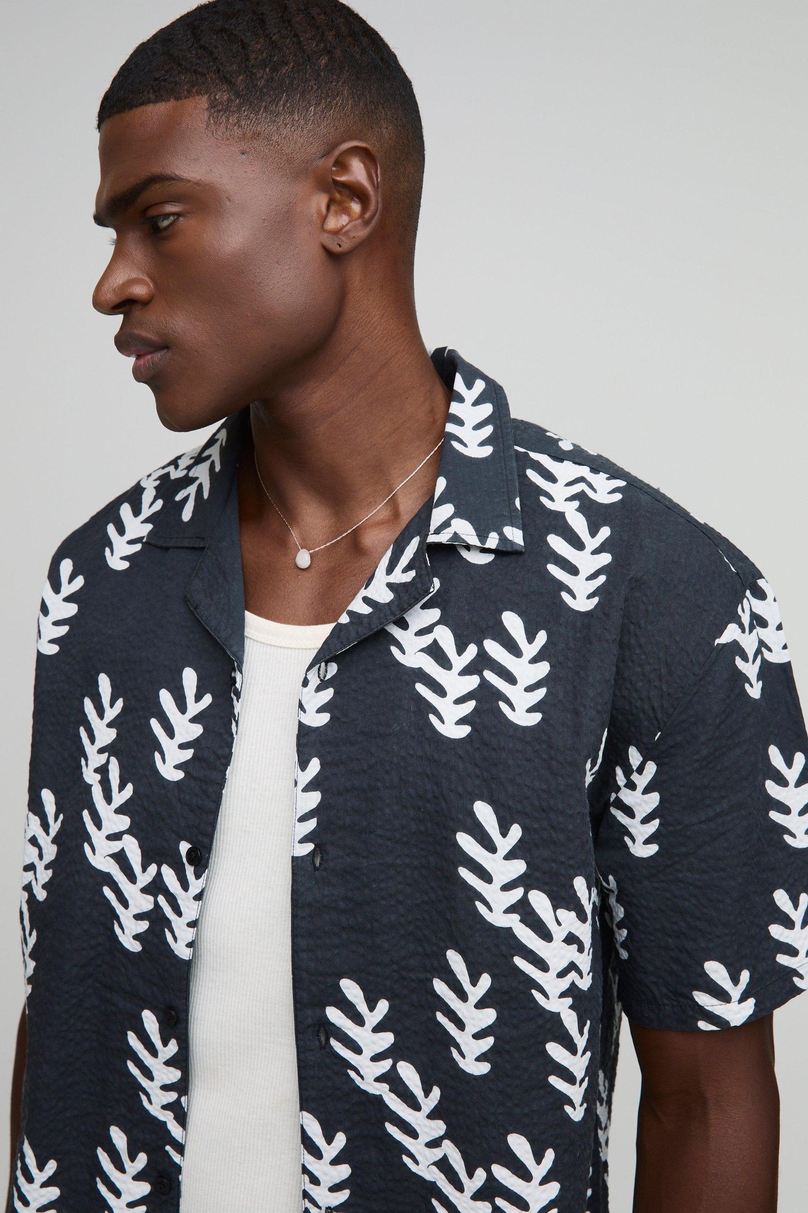 Oversized Leaf AOP Seersucker Shirt | boohooMAN USA Product Image