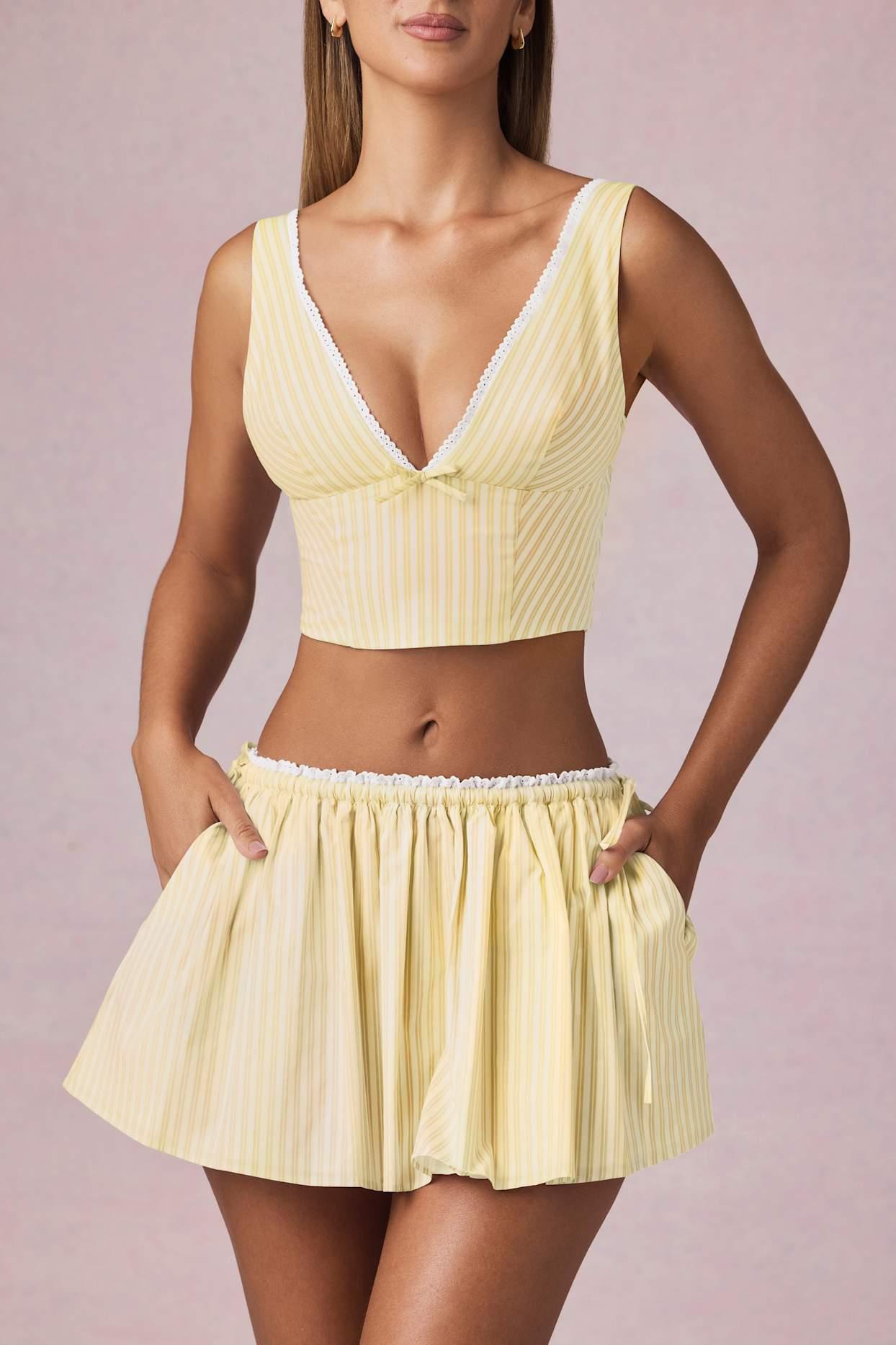 Bow-Detail Crop Top in Lemon Yellow Stripe Product Image