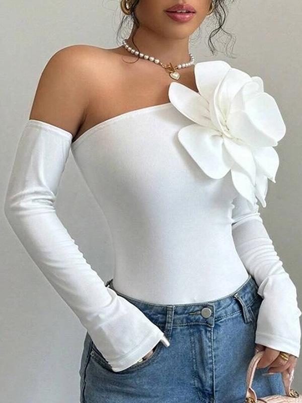 Long Sleeves Skinny Solid Color Three-Dimensional Flower One-Shoulder T-Shirts Tops Product Image