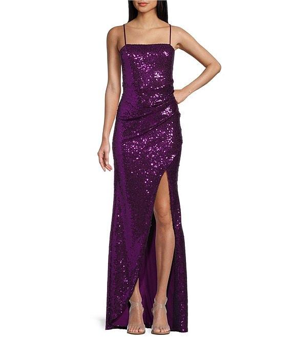 Honey and Rosie Sequin Square Neck Pleated Waist Side Slit Long Gown Product Image