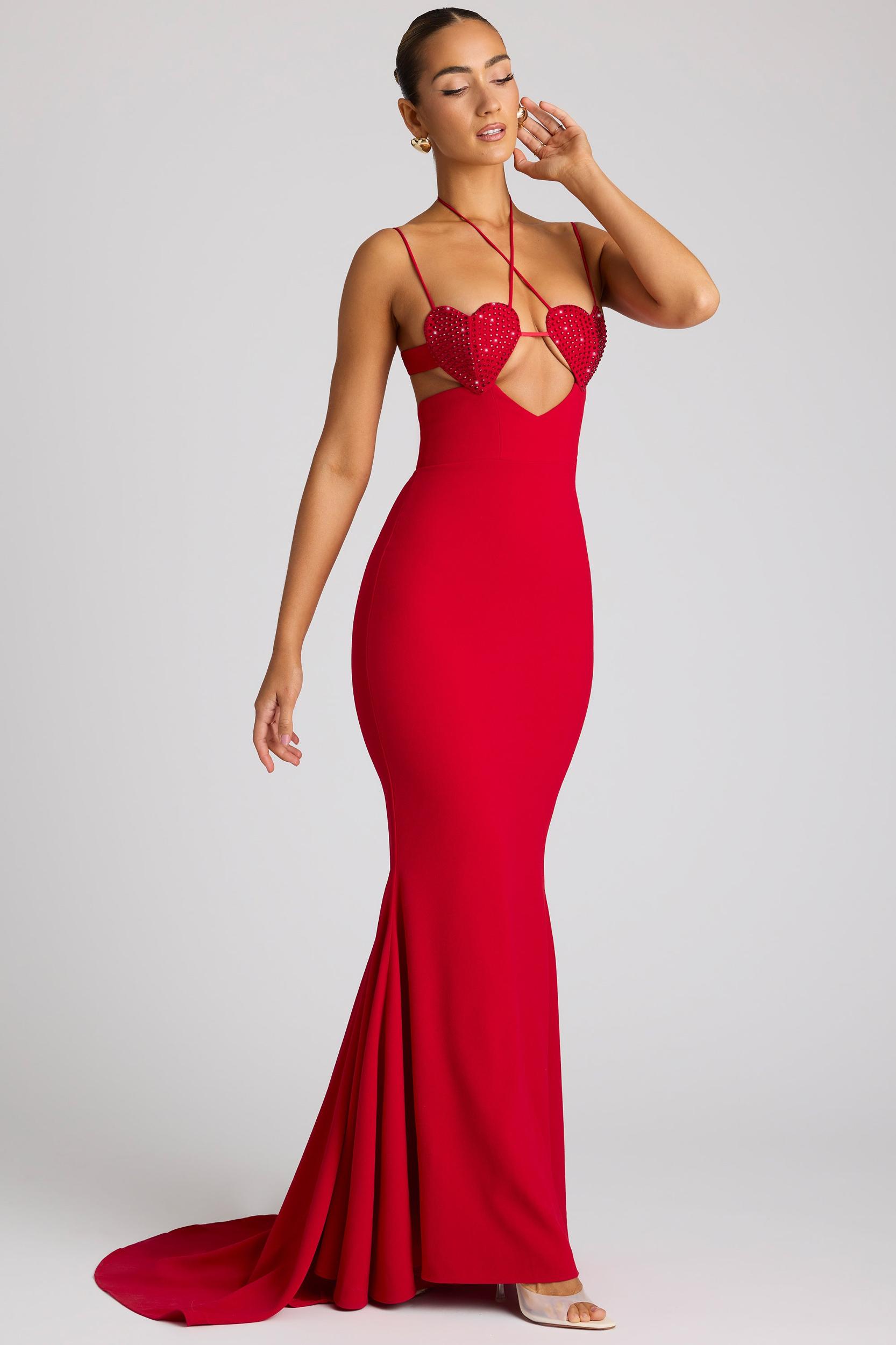 Embellished Heart Cup Detail Evening Gown in Fire Red Product Image