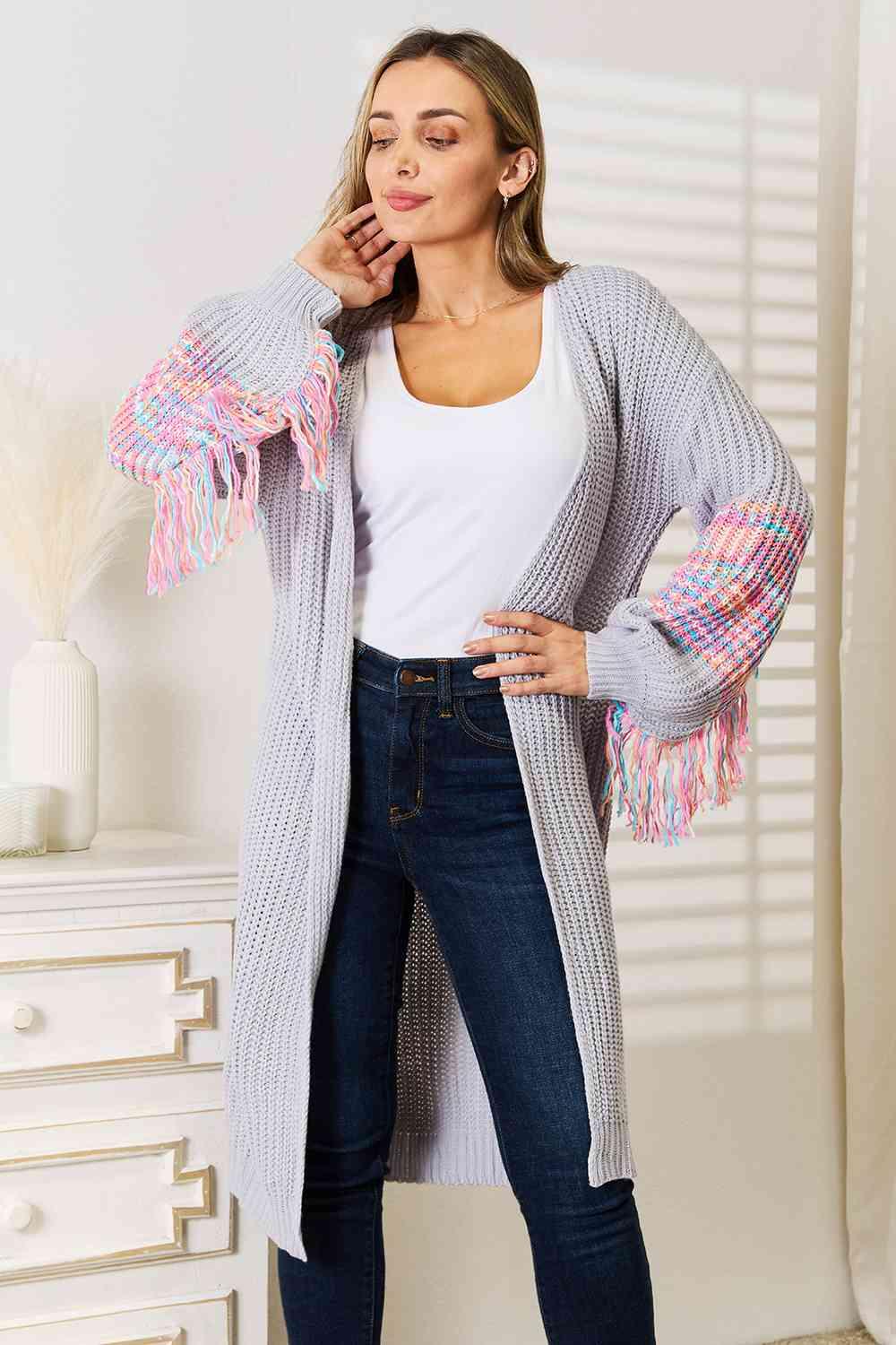 Woven Right Fringe Sleeve Dropped Shoulder Cardigan Product Image