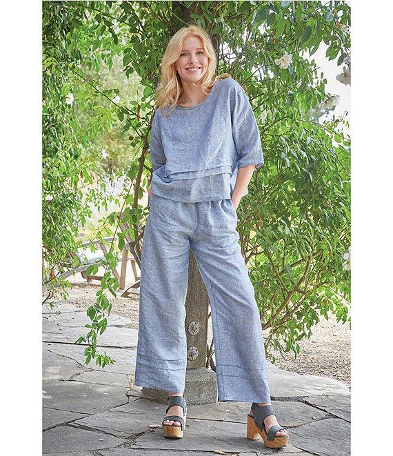 Bryn Walker Cross-Dyed Linen Elastic Waist Straight Leg Pintuck Coordinating Pants Product Image