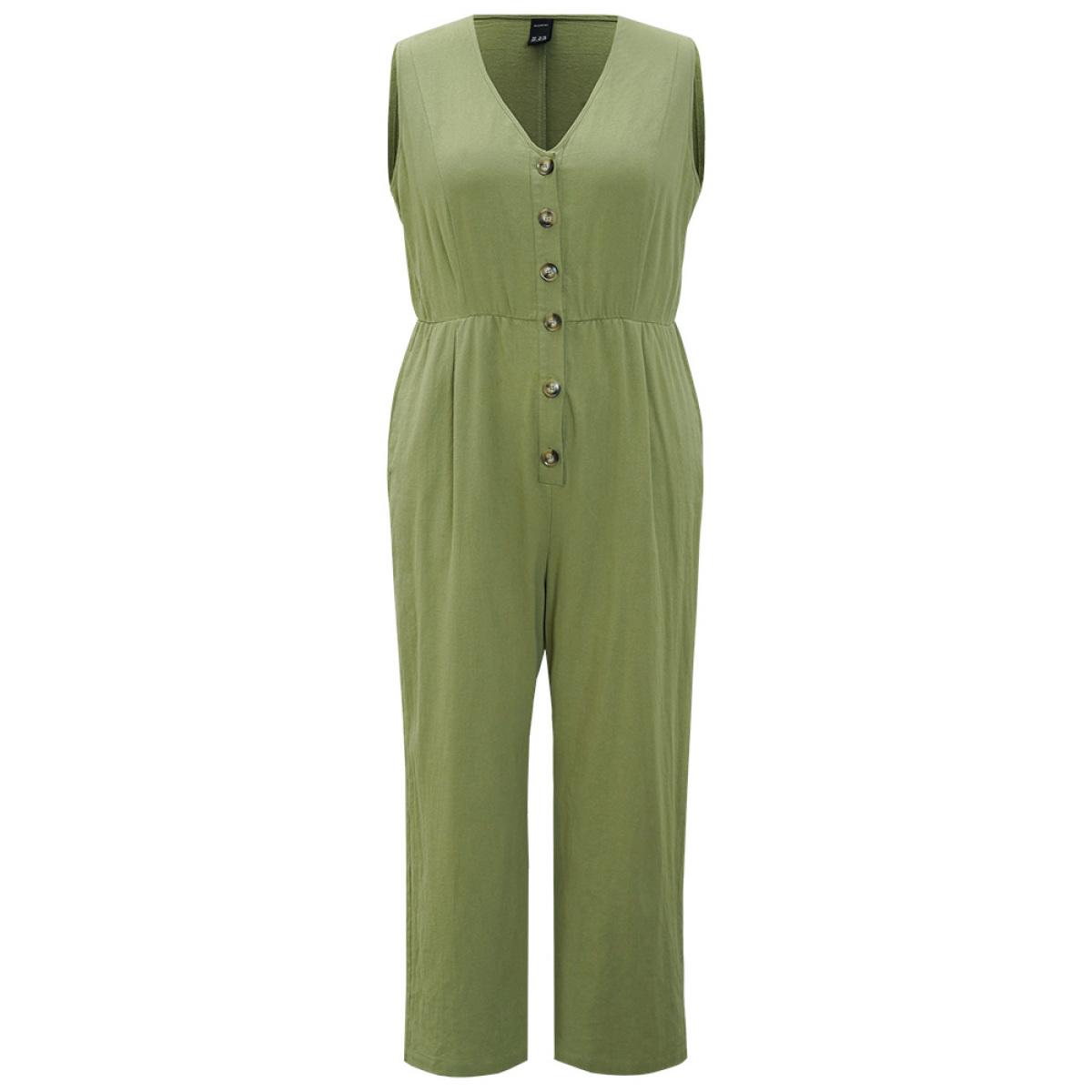 Plus Size Sage Plain Pocket Button Through Tank Jumpsuit Women Office Sleeveless V-neck Office Loose Jumpsuits BloomChic 22-24/3X Product Image