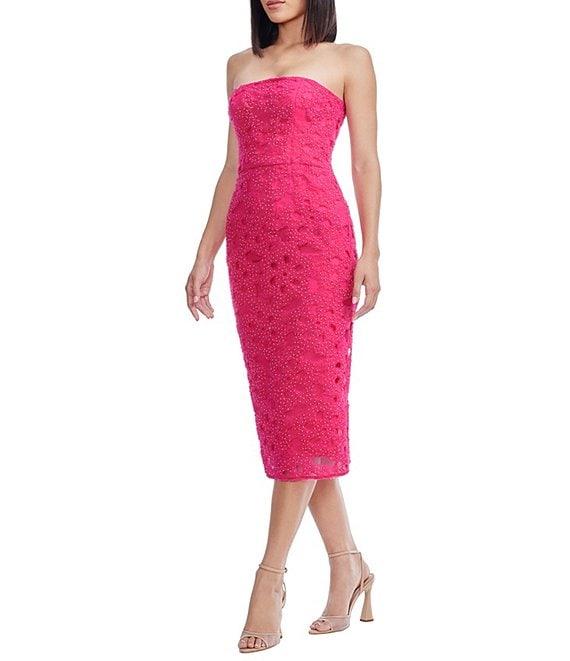 Dress the Population Viviana Strapless 3D Floral Lace Sheath Midi Dress Product Image