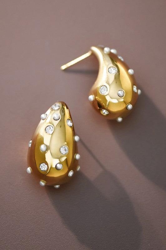 Pearl & Rhinestone Studded Raindrop Earrings Product Image