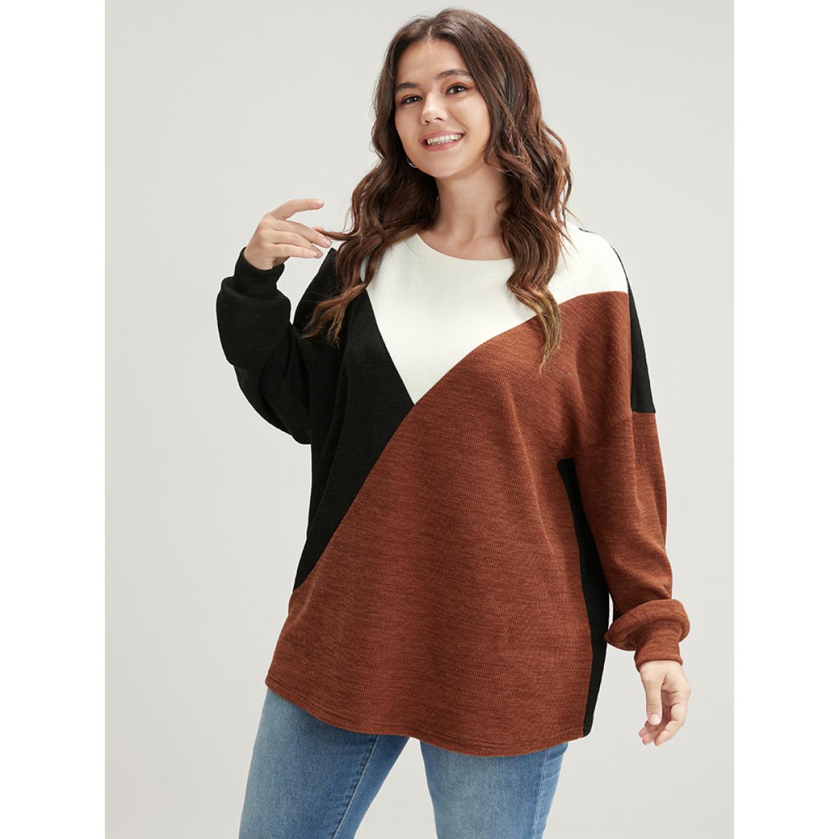 Plus Size Colorblock Contrast Rib Knit Drop Shoulder Sweatshirt Women Multicolor Elegant Patchwork Round Neck Dailywear Sweatshirts BloomChic 30/6X Product Image