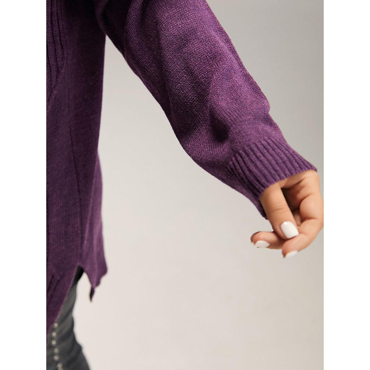 Plus Size Geometric V Neck Split Hem Pullover Purple Women Casual Long Sleeve V-neck Dailywear Pullovers BloomChic 12/L Product Image