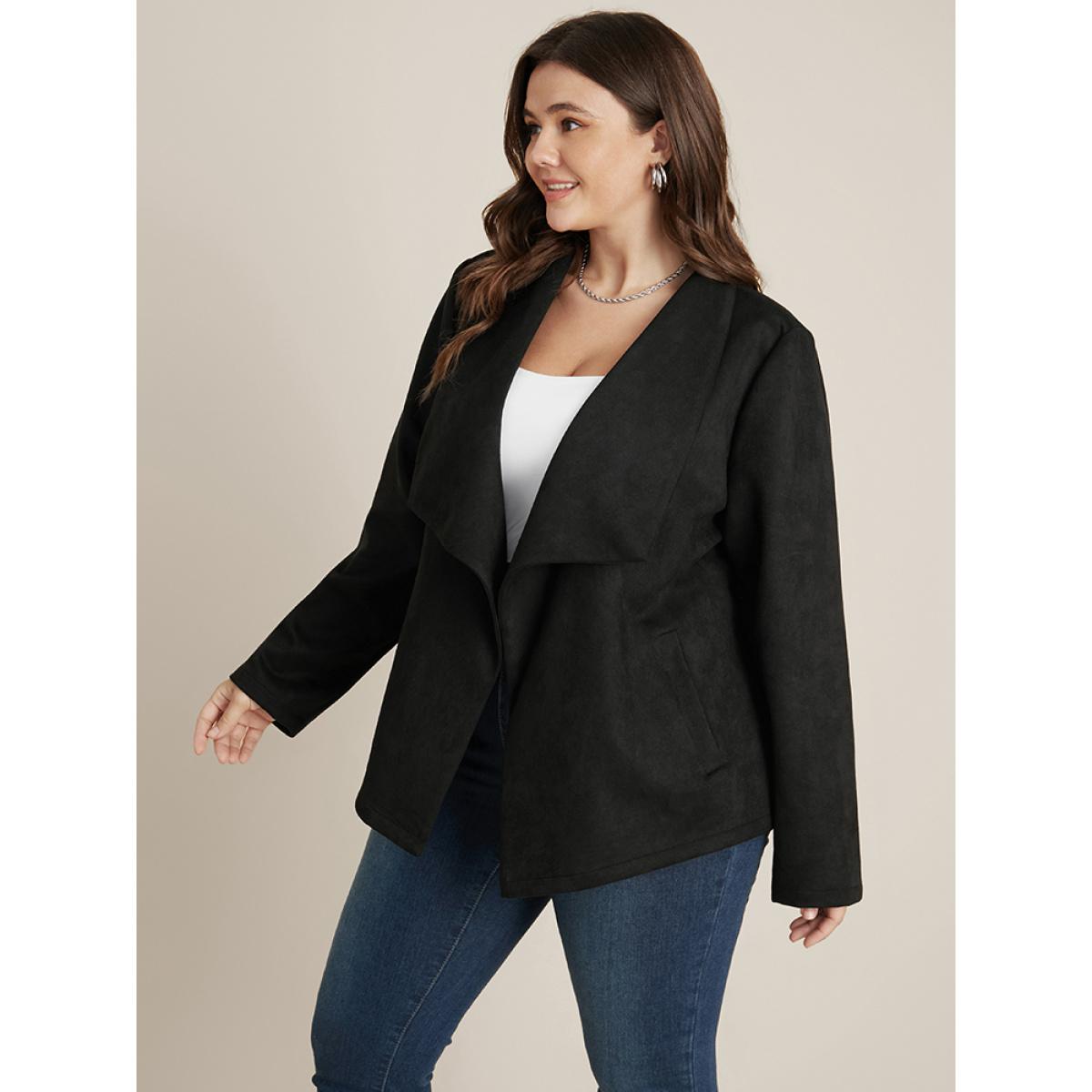 Plus Size Solid Waterfall Collar Pocket Coat Women Black Office Pocket Ladies Office Winter Coats BloomChic 30/6X Product Image