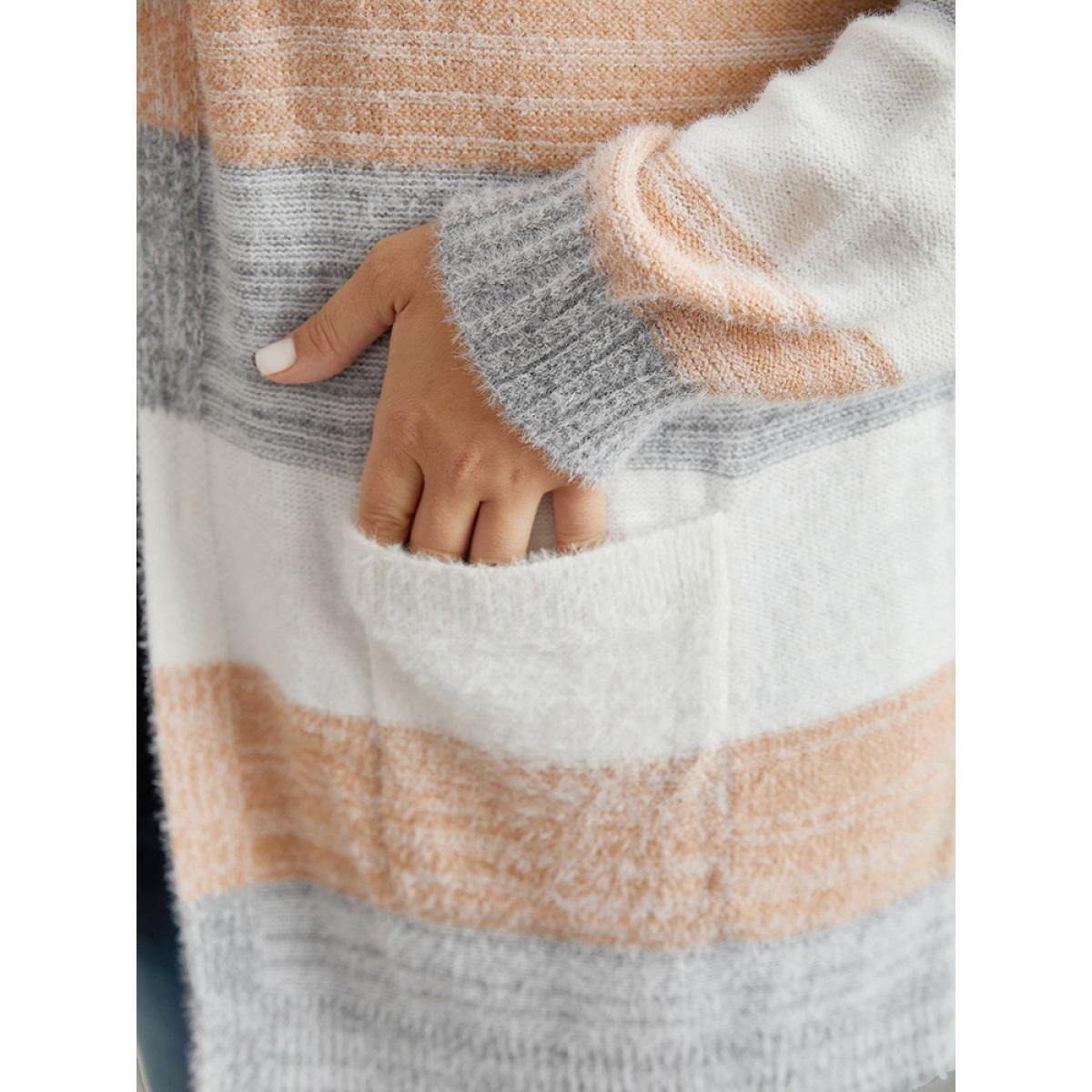 Plus Size Fuzzy Colorblock Heather Drop Shoulder Cardigan Multicolor Women Casual Loose Long Sleeve Dailywear Cardigans BloomChic 10/M Product Image