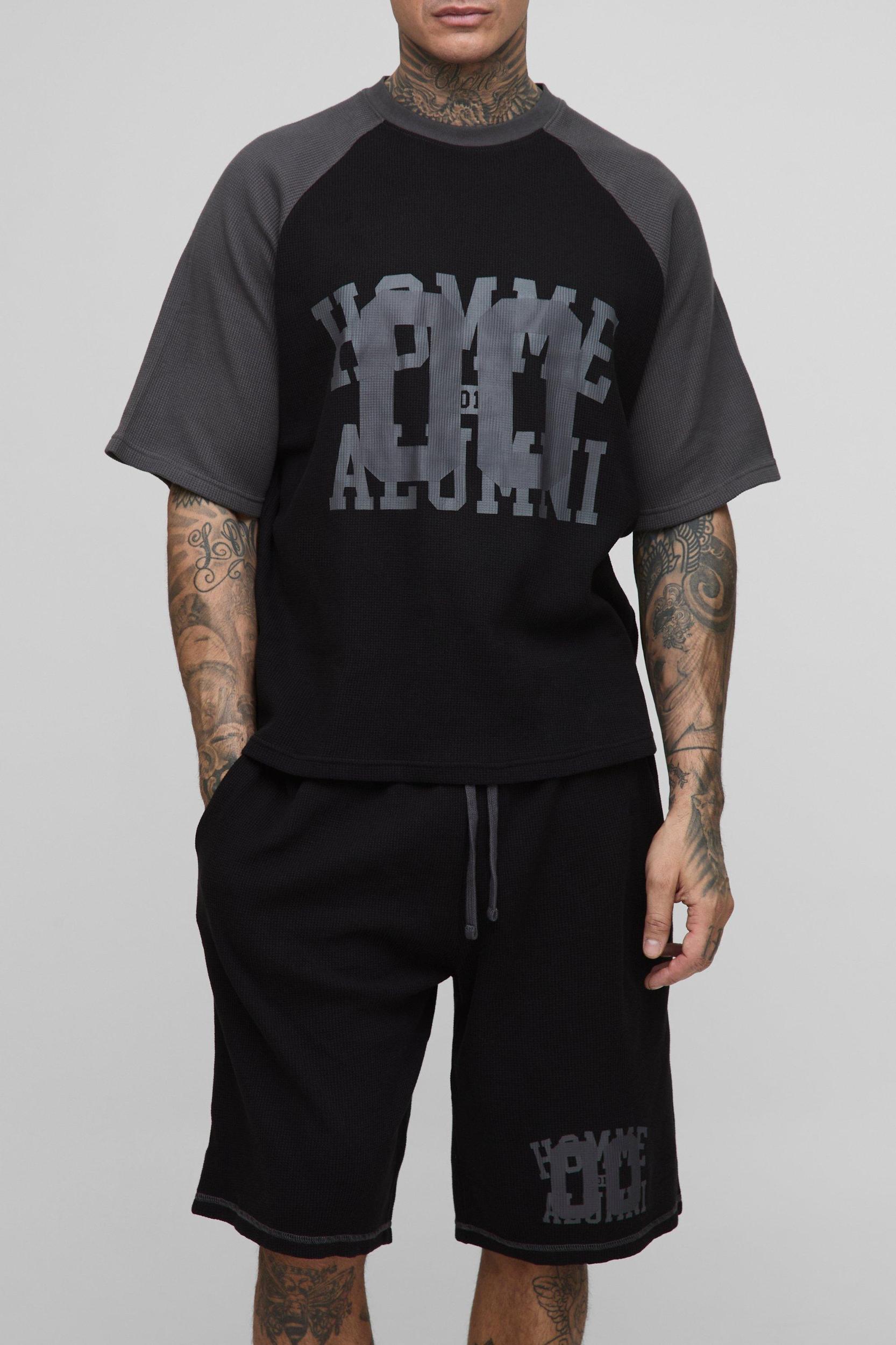 Tall Oversized Boxy Raglan Waffle Graphic T-Shirt & Oversized Short Set | boohooMAN USA Product Image