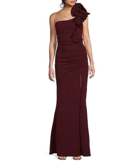 Honey and Rosie One Shoulder Ruffle Ruched Side Slit Long Dress Product Image