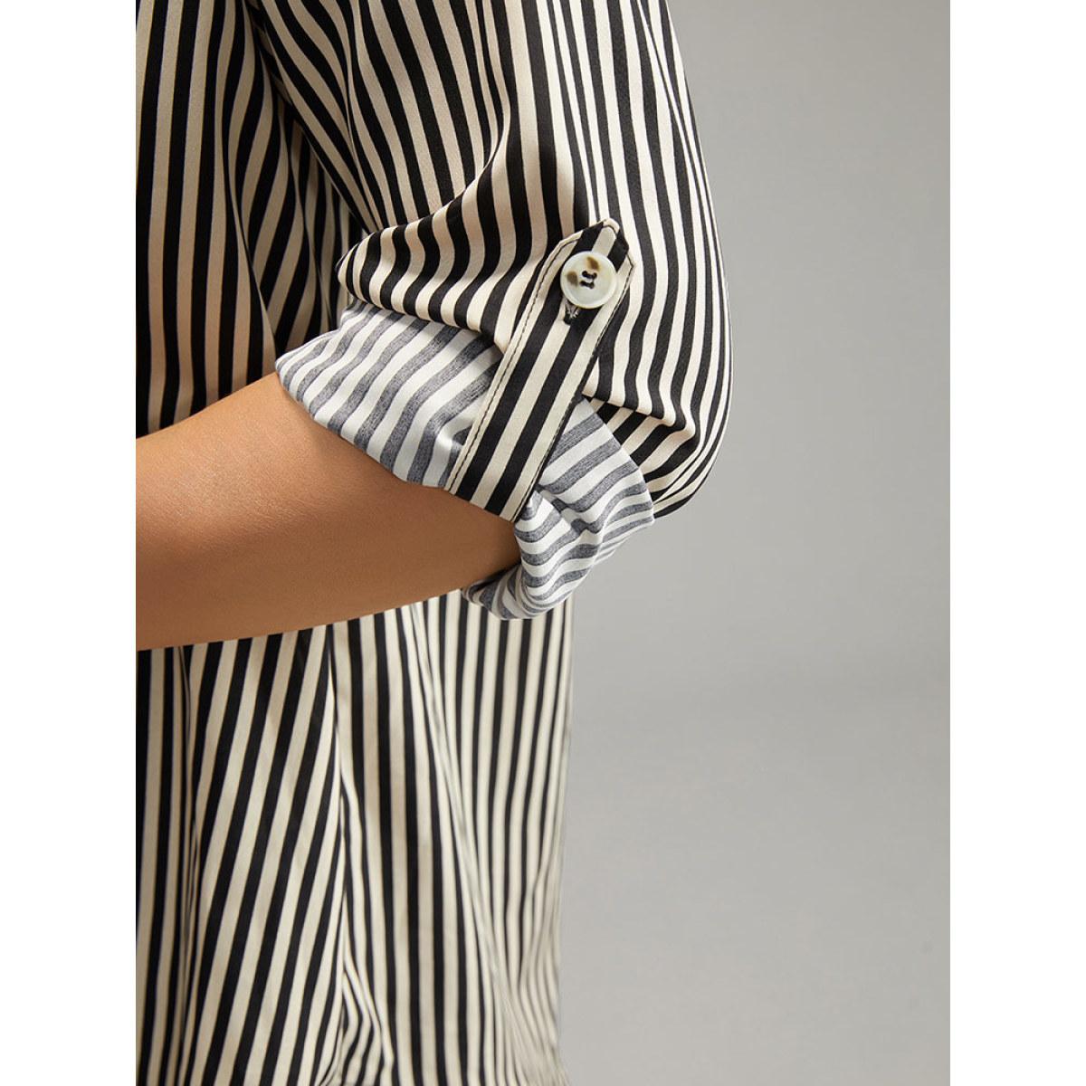 Plus Size LightBrown Striped Notched Button Through Blouse Women Office Long Sleeve Shirt collar Work Blouses BloomChic 30/6X Product Image