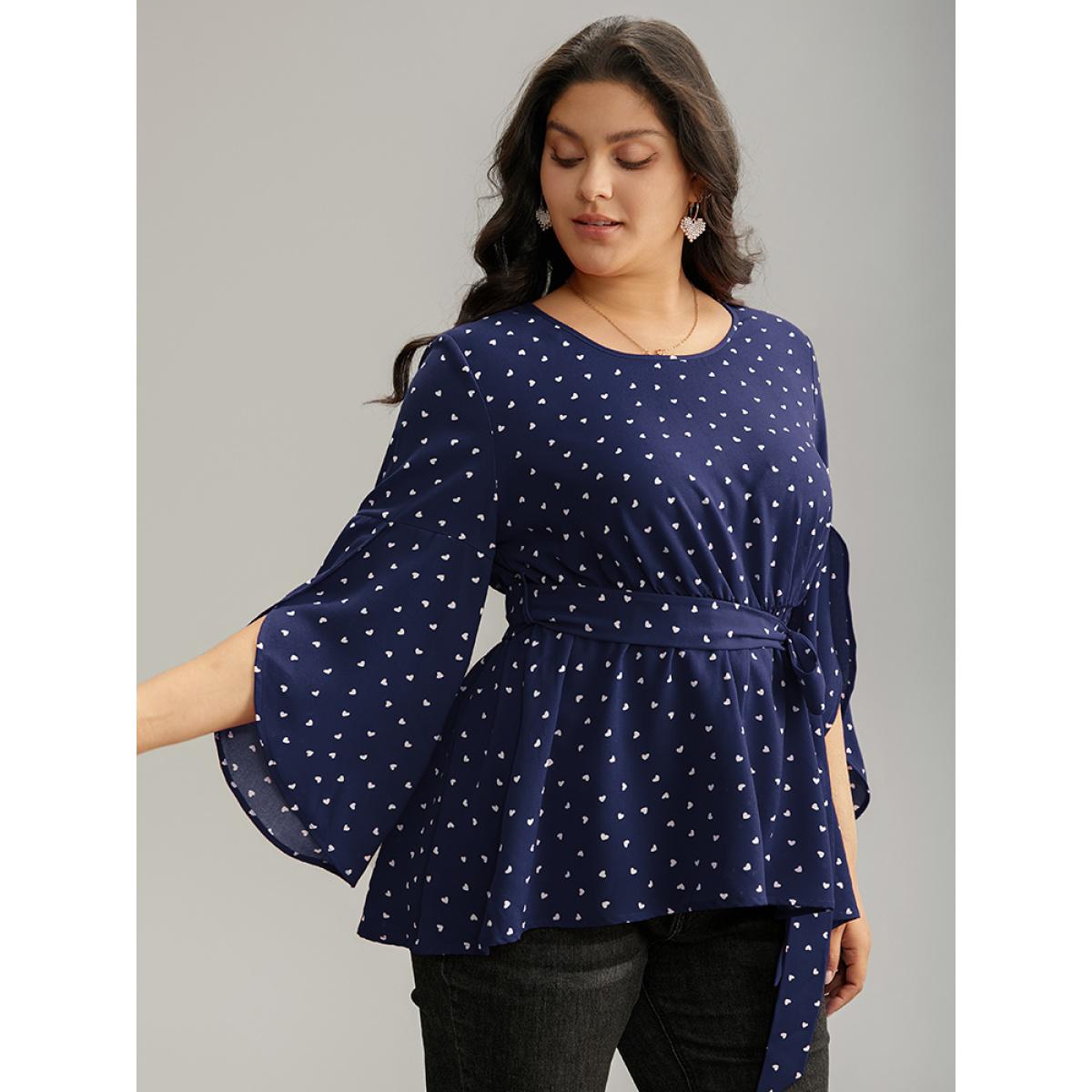 Plus Size Indigo Heart Print Belted Petal Sleeve High Low Hem Blouse Women Elegant Elbow-length sleeve Round Neck Everyday Blouses BloomChic 18-20/2X Product Image