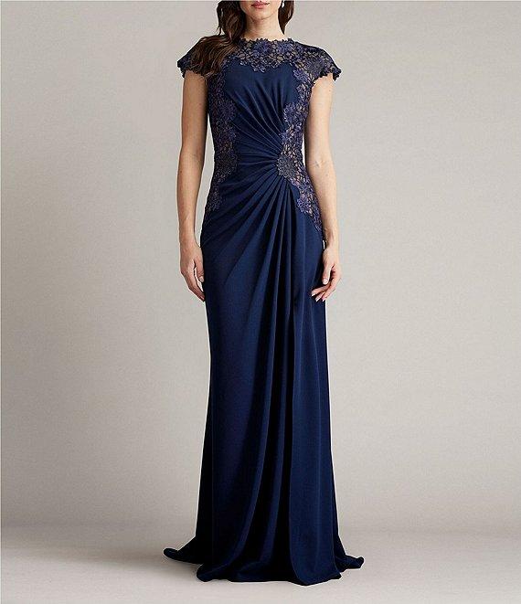 Tadashi Shoji Crepe Floral Embroidered Boat Neck Cap Sleeve Pleated Gown Product Image
