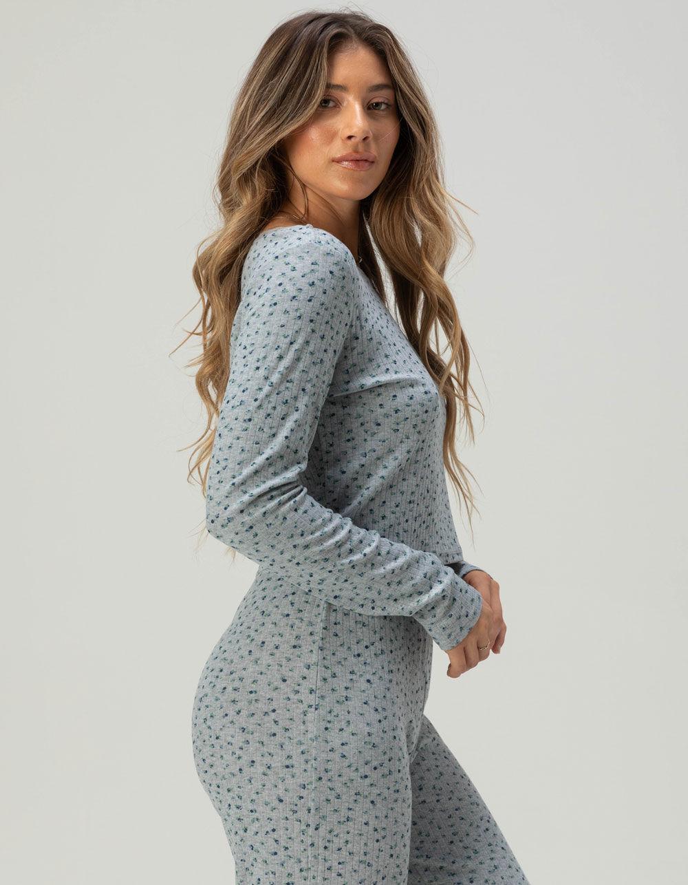 FULL TILT Pointelle Floral Lace Trim Long Sleeve Tee - BLUE COMBO Product Image
