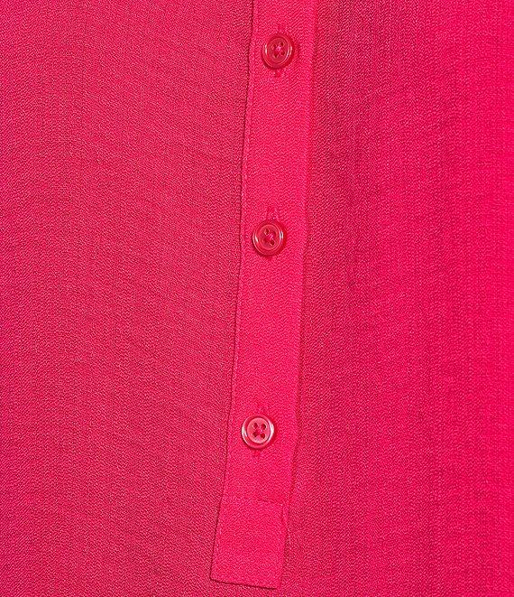 Investments Petite Size Woven Short Sleeve Point Collar Partial Button Front Top Product Image