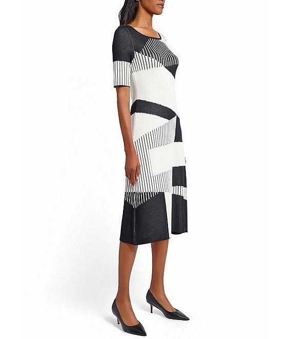 Ming Wang Soft Knit Jacquard Pattern Scoop Neck Short Sleeve Midi Dress Product Image