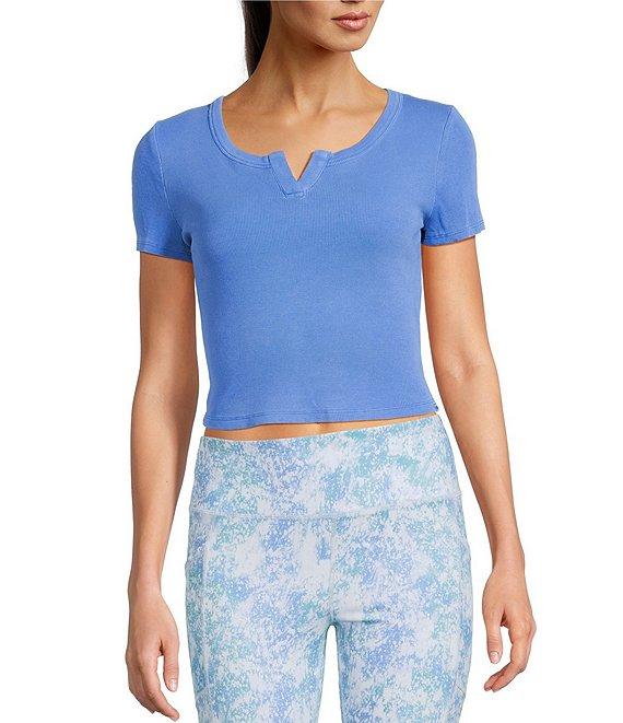 DKNY Sport by Donna Karan Ribbed Notched Crew Neck Short Sleeve Cropped Tee Product Image