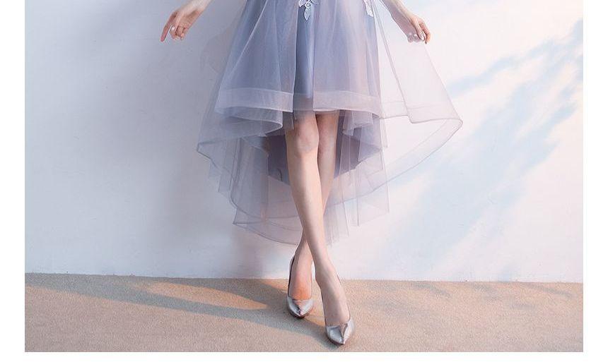 Short-Sleeve Lace Trim High Low Cocktail Dress Product Image