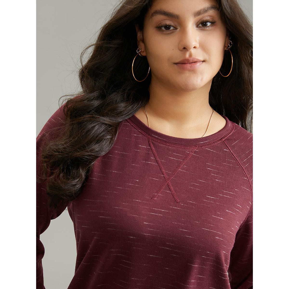 Plus Size Plain Stitch Raglan Sleeve Round Neck Sweatshirt Women Burgundy Casual Plain Round Neck Everyday Sweatshirts BloomChic 30/6X Product Image