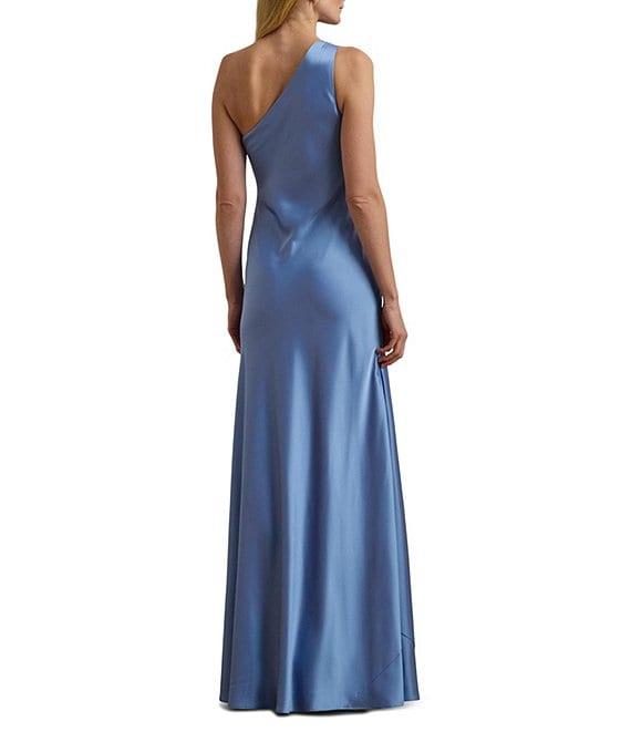Lauren Ralph Lauren Satin One Shoulder Neck Sleeveless Ruffle Drape Detail Column Gown Product Image