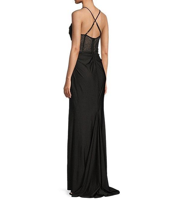 B. Darlin Cowl Neck Spaghetti Strap Rhinestone Illusion Corset Bodice Front Slit Dress Product Image