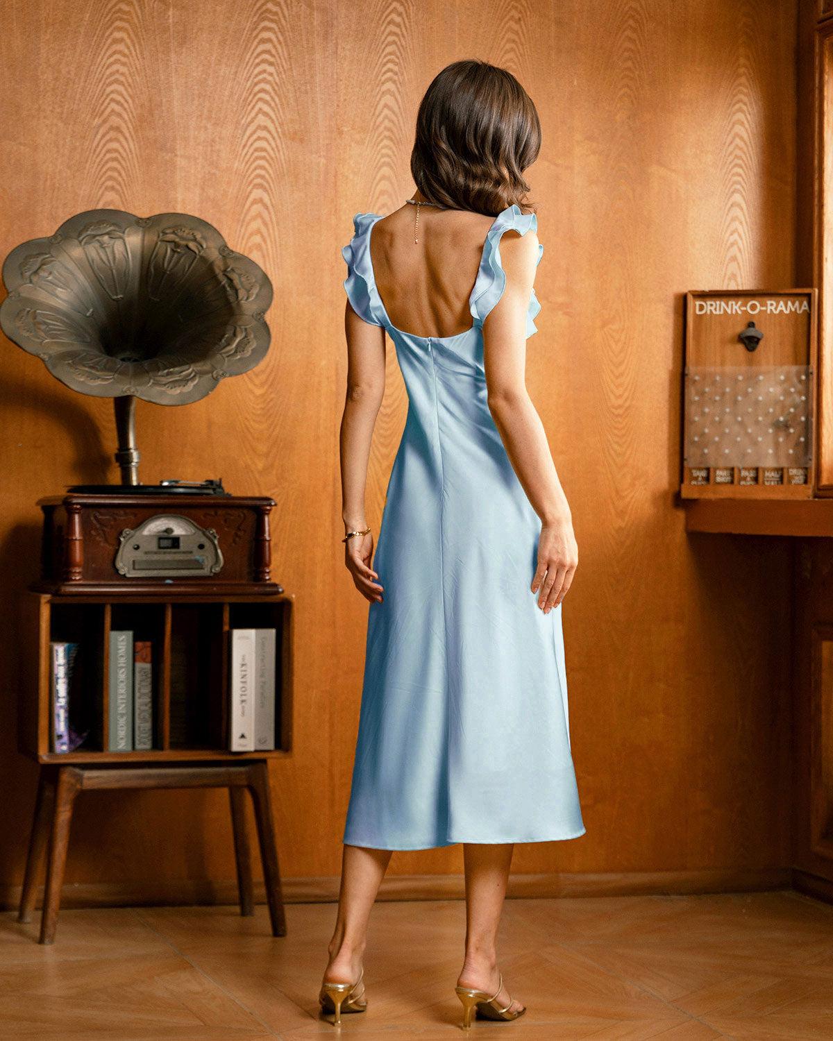 Yellow Square Neck Ruffle Satin Midi Dress Product Image