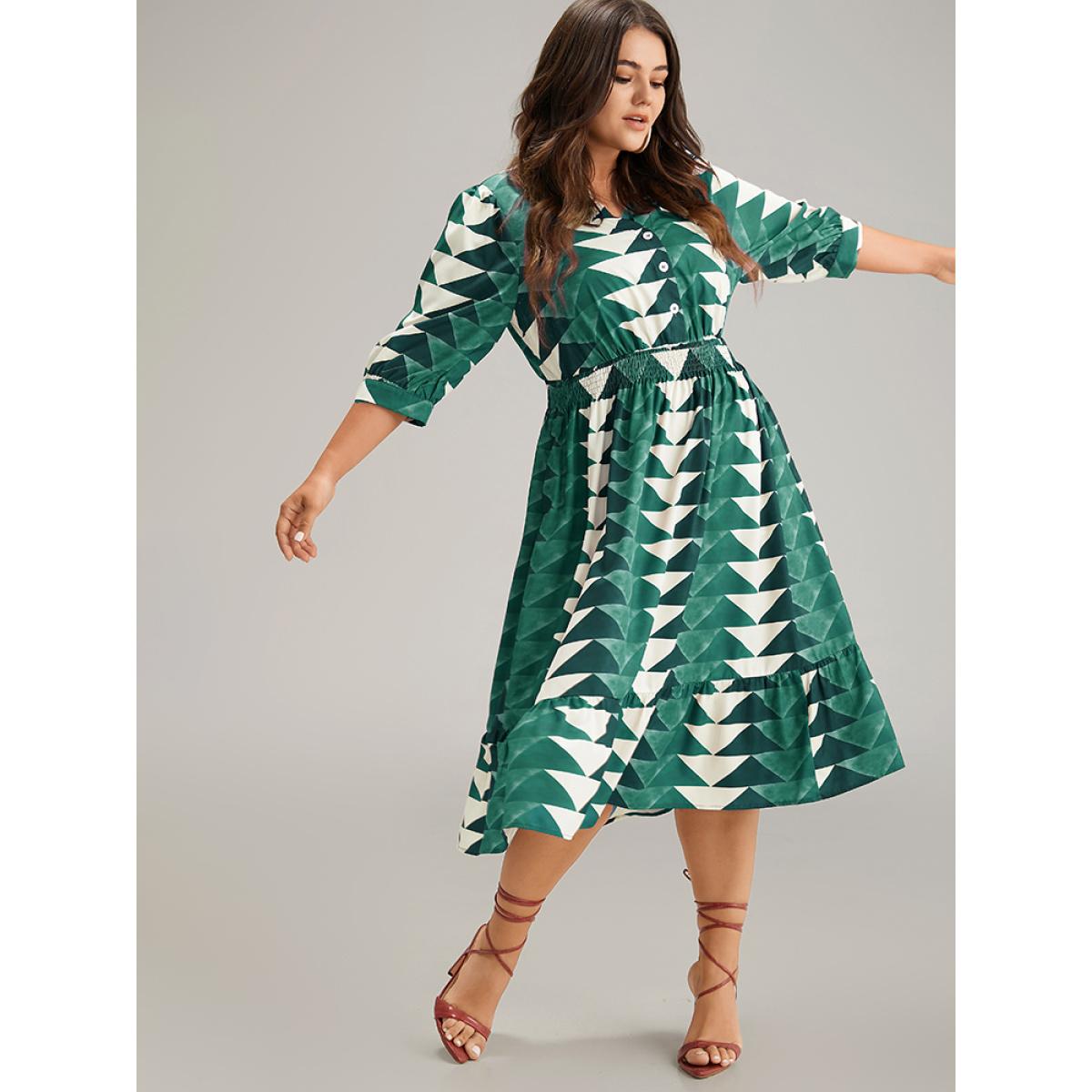 Plus Size Geometric Shirred Button Up Ruffle Hem Dress Aegean Women Vacation Printed Notched collar Elbow-length sleeve Curvy Midi Dress BloomChic 12/L Product Image