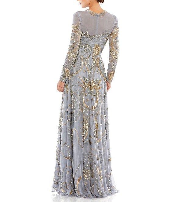 Mac Duggal Long Sleeve A-Line Crew Neck Lined Beaded Gown Product Image