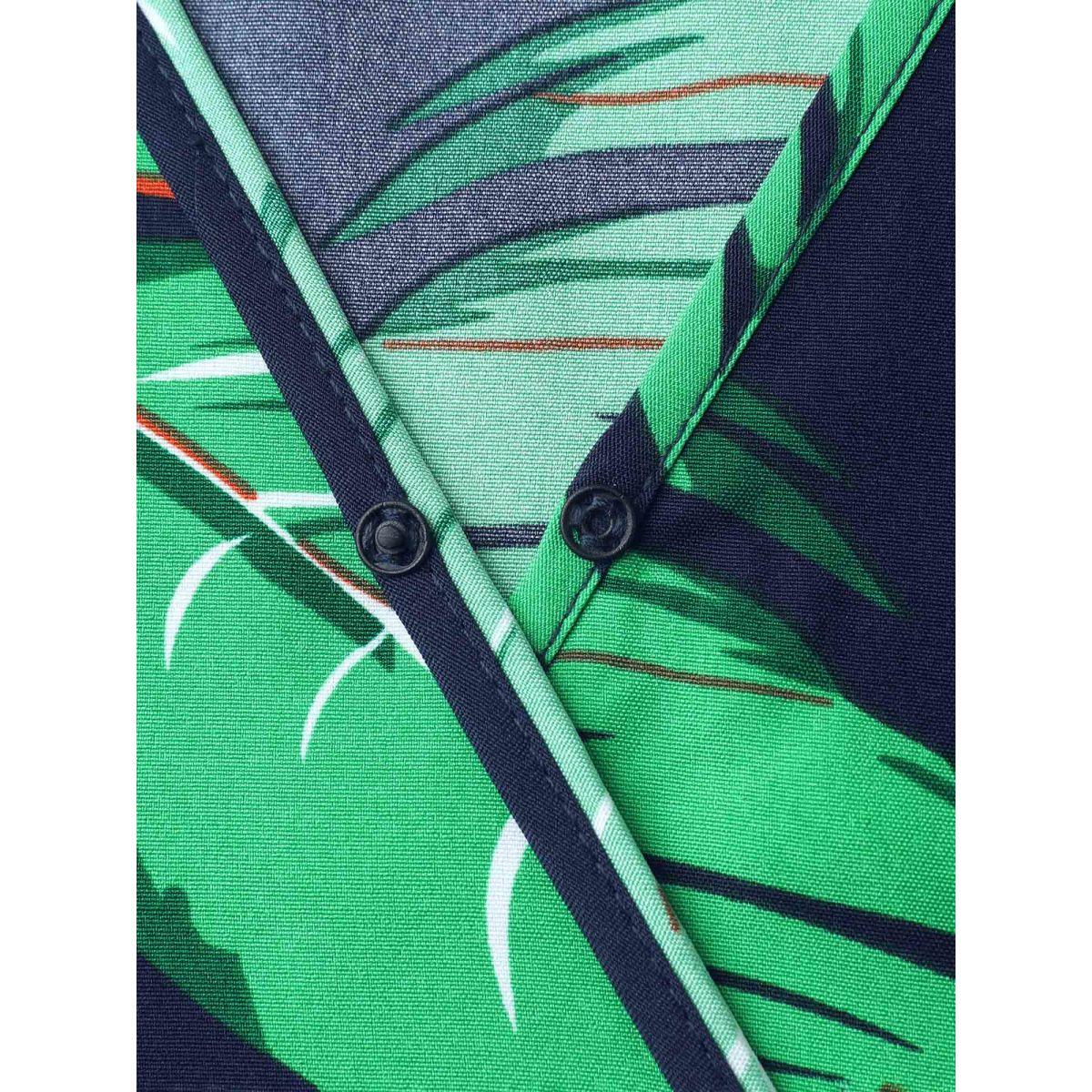 Plus Size Tropical Leaf Print Surplice Neck Midi Dress DarkBlue Women Resort Overlapping Overlap Collar Short sleeve Curvy BloomChic 22-24/3X Product Image