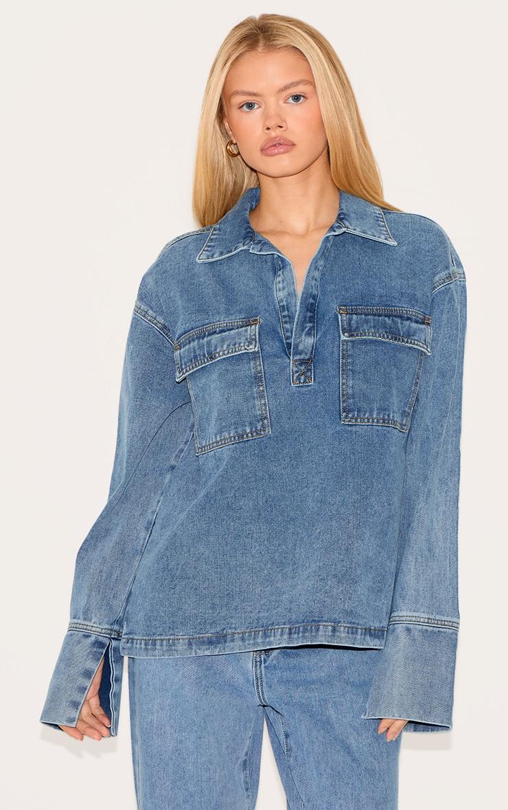 Vintage Blue Long Sleeve Slouchy Denim Rugby Shirt Product Image