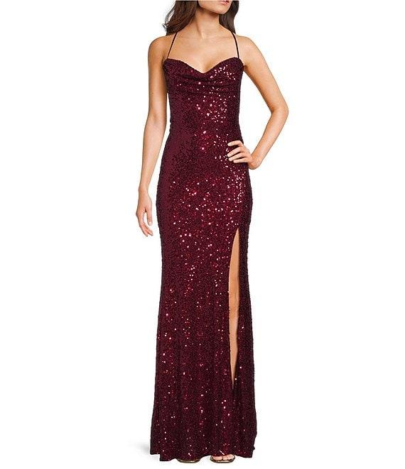 B. Darlin Sequin Cowl Neck Cross Back Side Slit Long Dress Product Image
