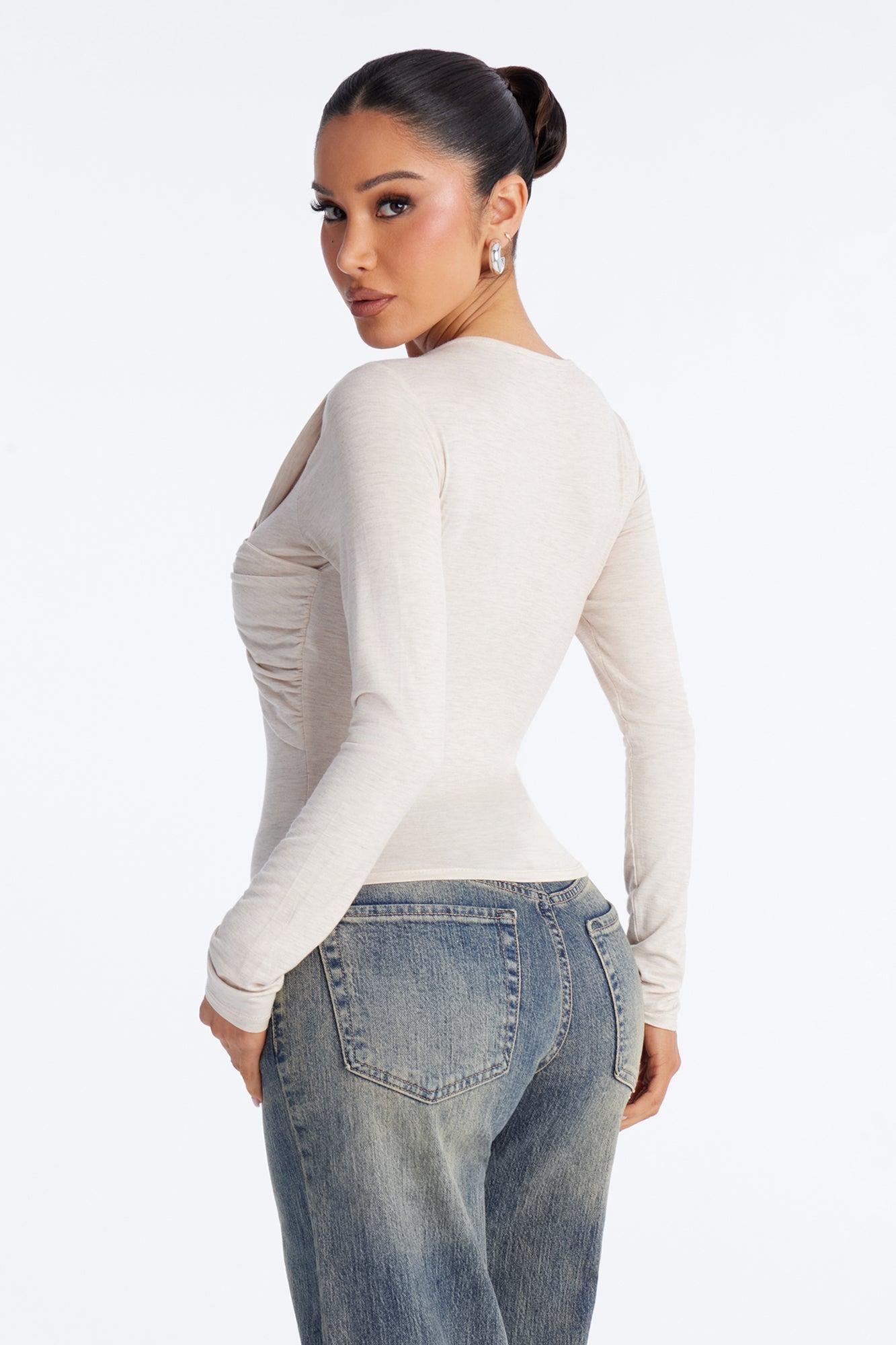 Sasha Ruched V Neck Long Sleeve - Oatmeal Female Product Image