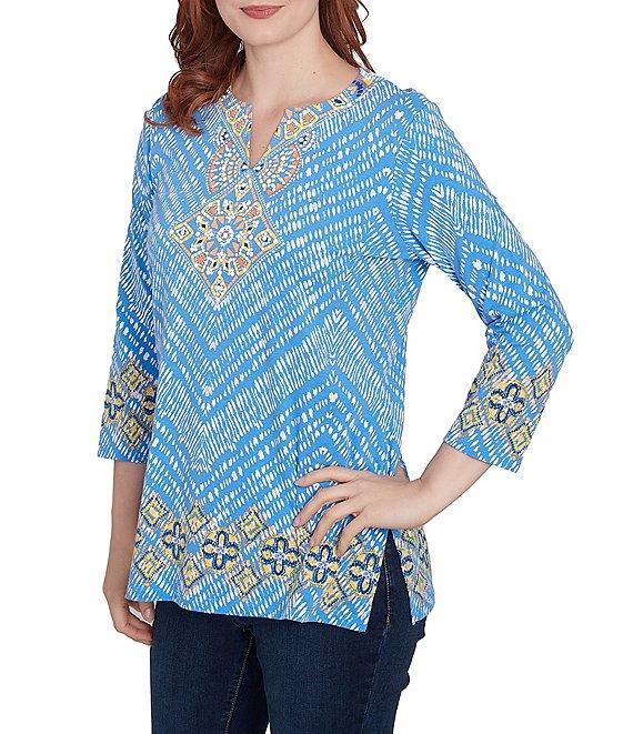 Ruby Rd. Knit Embellished Medallion Placement Border Print Split V-Neck 3/4 Sleeve Top Product Image