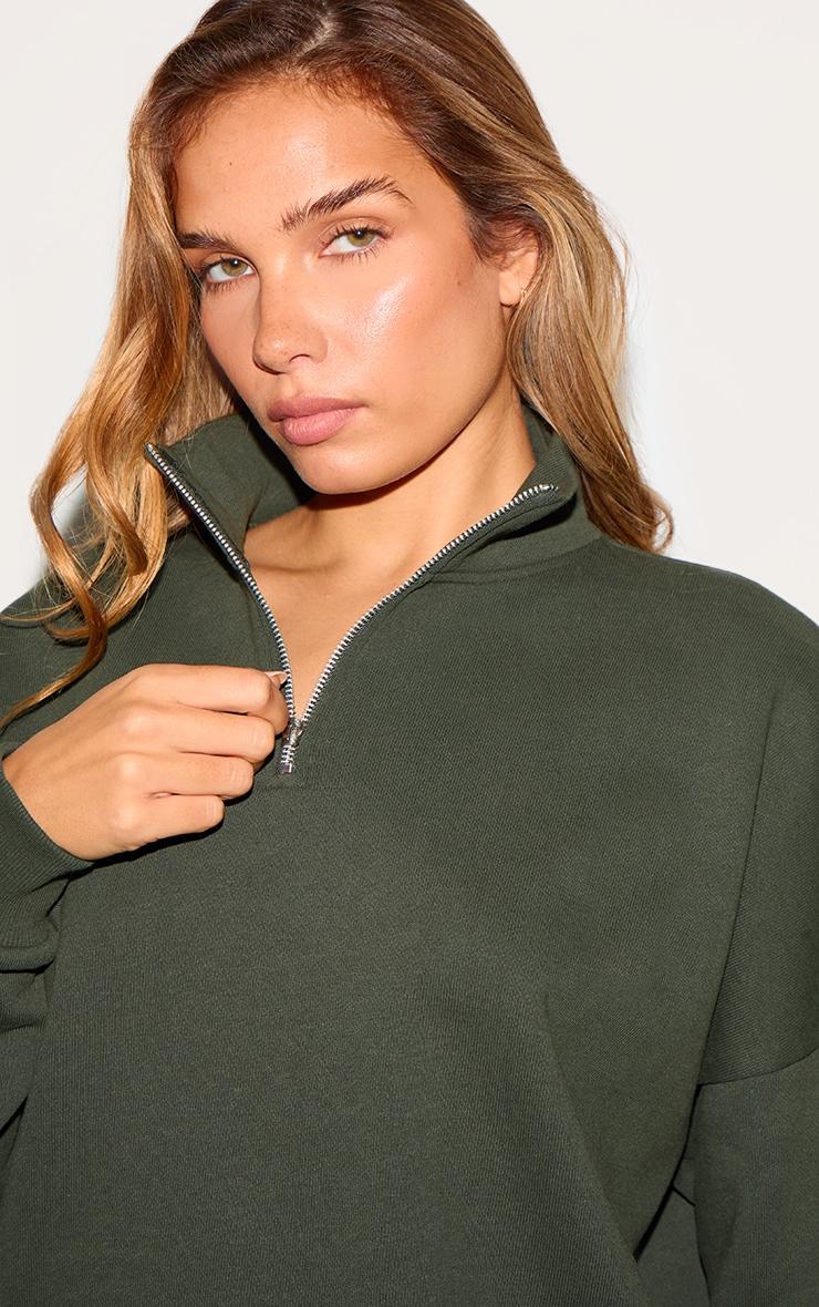 Khaki Premium High Neck Quarter Zip Oversized Sweatshirt Product Image