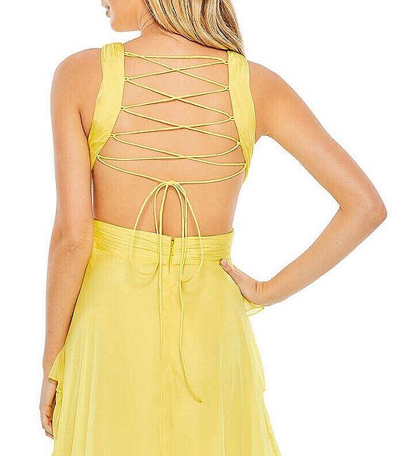 Mac Duggal V-Neck Sleeveless Side Cut Out Back Detail Tiered Ruffle High-Low Gown Product Image