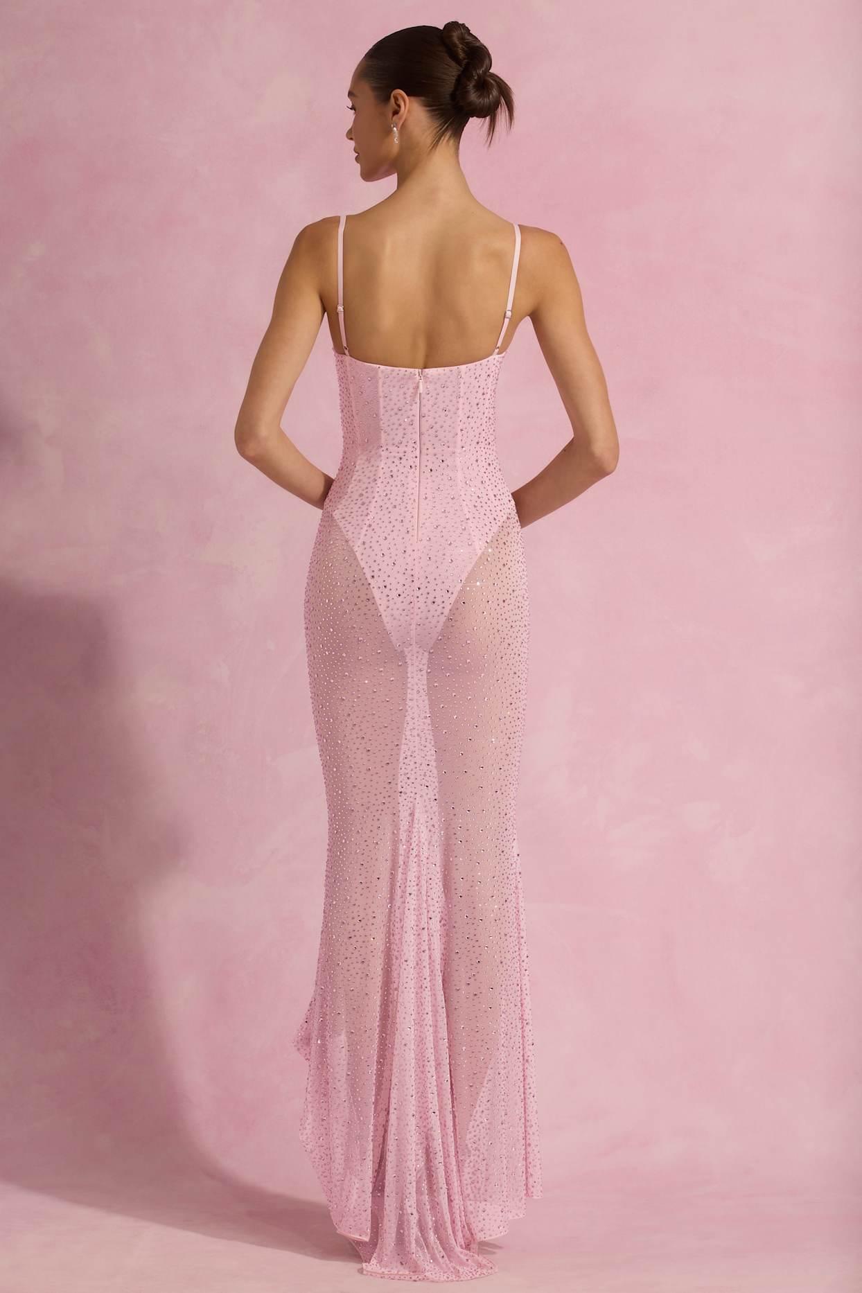 Semi-Sheer Embellished Corset Gown in Pink Product Image
