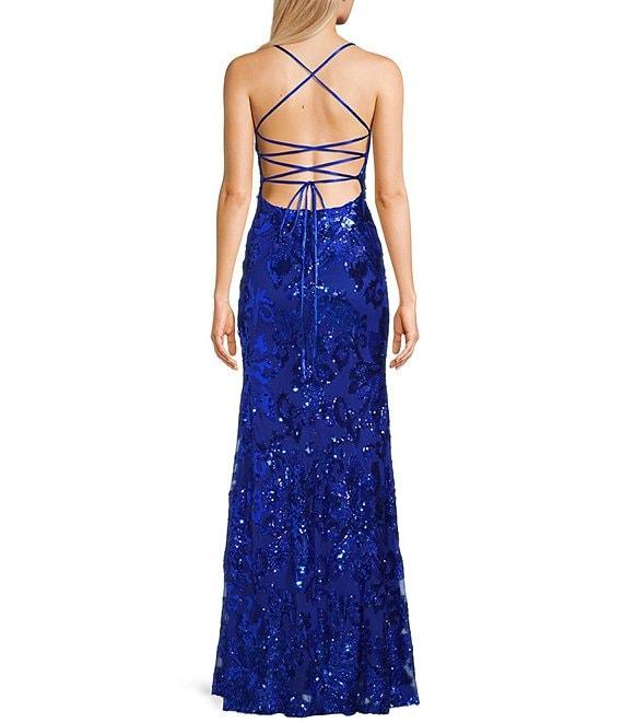 Midnight Doll Floral Sequin-Lace Up Spaghetti Strap Square Neck Dress Product Image