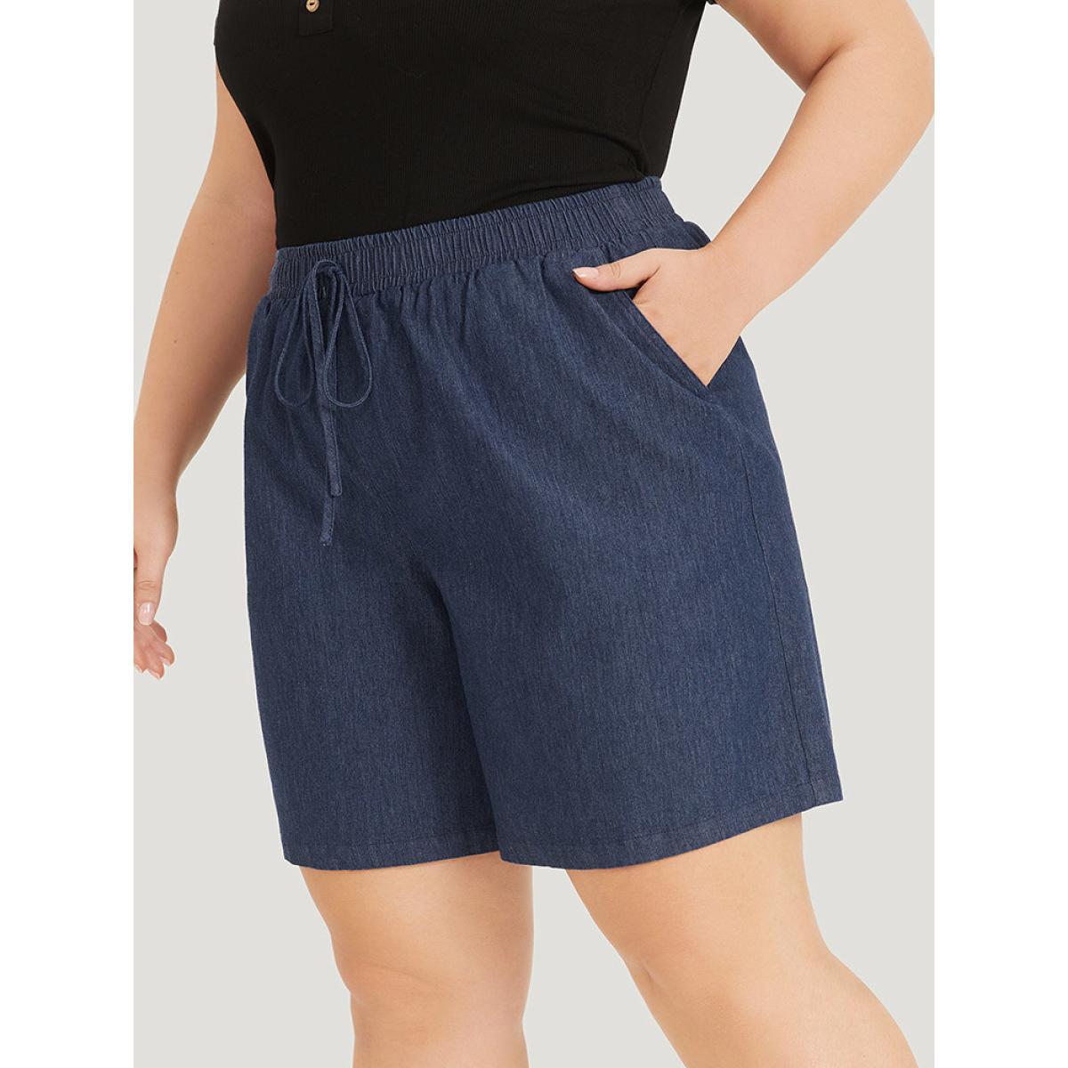 Plus Size Plain Ties Elastic Waist High Rise Shorts Women Indigo Casual Plain Dailywear Shorts BloomChic 26/4X Product Image