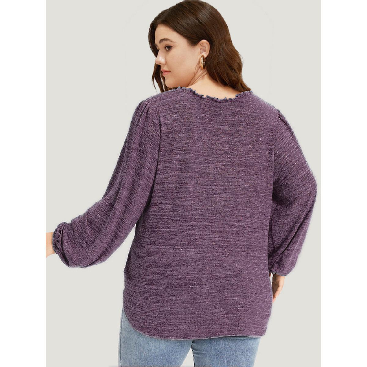 Plus Size Lace Insert Curved Hem Lantern Sleeve Sweatshirt Women Purple Elegant Elastic cuffs V-neck Dailywear Sweatshirts BloomChic 22-24/3X Product Image